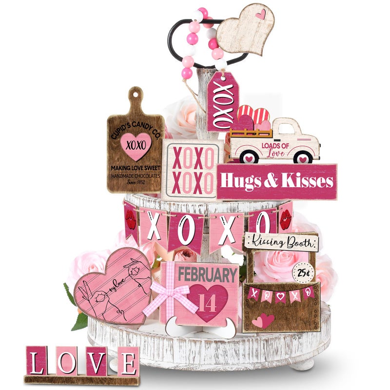 Marsui 19 Pcs Valentine's Day Tiered Tray Decor Set, Valentines Heart Wood Sign Rustic Farmhouse Tray Signs Table Decor for Valentine's Day Home Kitchen (Pink Style) - Image 1