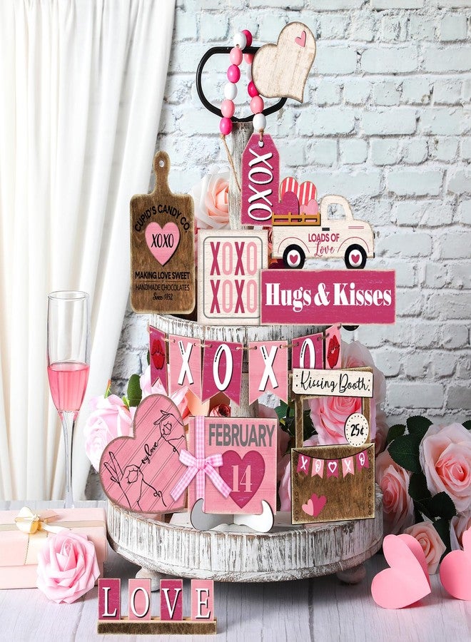 Marsui 19 Pcs Valentine's Day Tiered Tray Decor Set, Valentines Heart Wood Sign Rustic Farmhouse Tray Signs Table Decor for Valentine's Day Home Kitchen (Pink Style) - Image 2