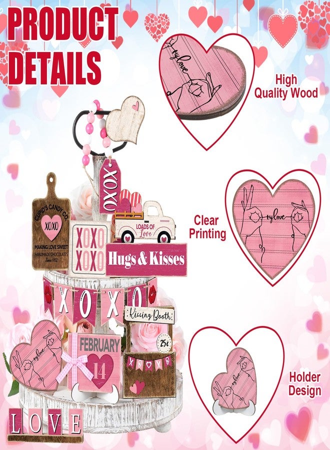 Marsui 19 Pcs Valentine's Day Tiered Tray Decor Set, Valentines Heart Wood Sign Rustic Farmhouse Tray Signs Table Decor for Valentine's Day Home Kitchen (Pink Style) - Image 4