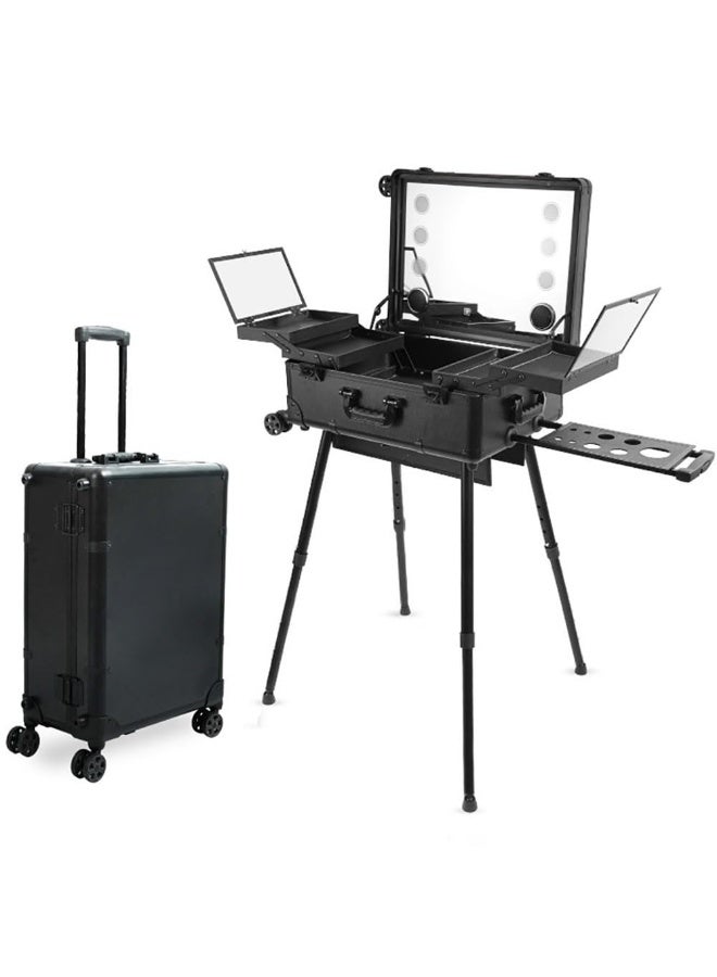 Professional Makeup Trolley Case, Travel Cosmetics Organizer with Stand & Wheels, Rolling Vanity Train Case with Led Light & Bluetooth Music for Hair, Beauty & Makup Artists (Black, 24 inch) - Image 1