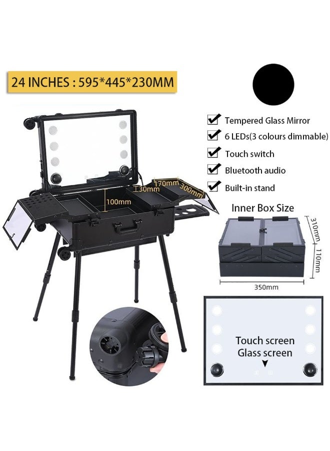 Professional Makeup Trolley Case, Travel Cosmetics Organizer with Stand & Wheels, Rolling Vanity Train Case with Led Light & Bluetooth Music for Hair, Beauty & Makup Artists (Black, 24 inch) - Image 2