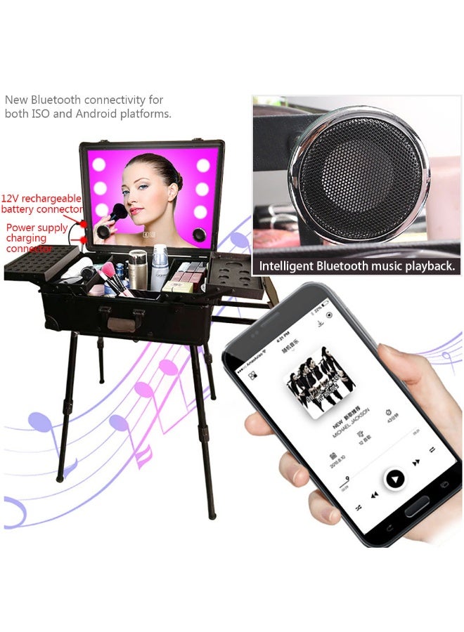 Professional Makeup Trolley Case, Travel Cosmetics Organizer with Stand & Wheels, Rolling Vanity Train Case with Led Light & Bluetooth Music for Hair, Beauty & Makup Artists (Black, 24 inch) - Image 5