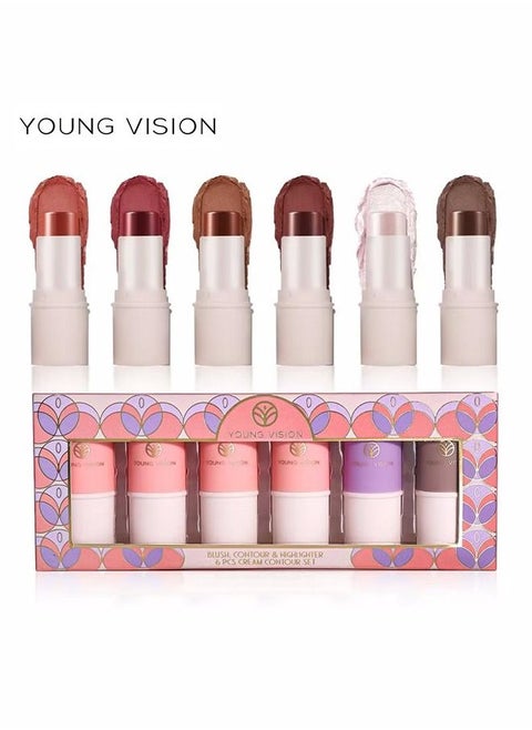 Pack Of 6 Cream Contour Sticks Collection, 6 Colors Face Blush Bronzer and Highlighter Makeup Set - Putty Blush Palette - Blendable - Lightweight - Gift Set
