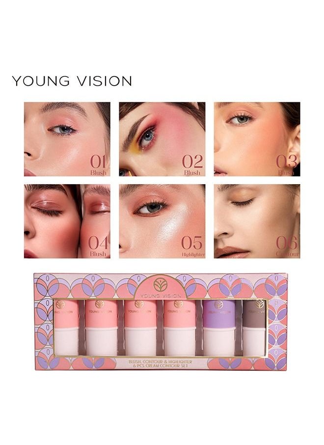 YOUNG VISION - Pack Of 6 Cream Contour Sticks Collection, 6 Colors Face Blush Bronzer and Highlighter Makeup Set - Putty Blush Palette - Blendable - Lightweight - Gift Set - Image 1