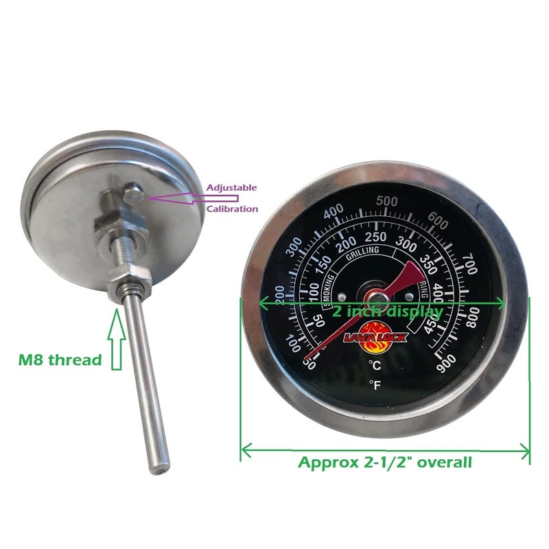 LavaLock Black Face BBQ Grill Thermometer 50F-900F High Temp Range Heavy Duty Premium Quality Smoker Thermo 2 Inch or 3" with M8 or 1/2 NPT Thread (2 in. Black Face) - Image 3