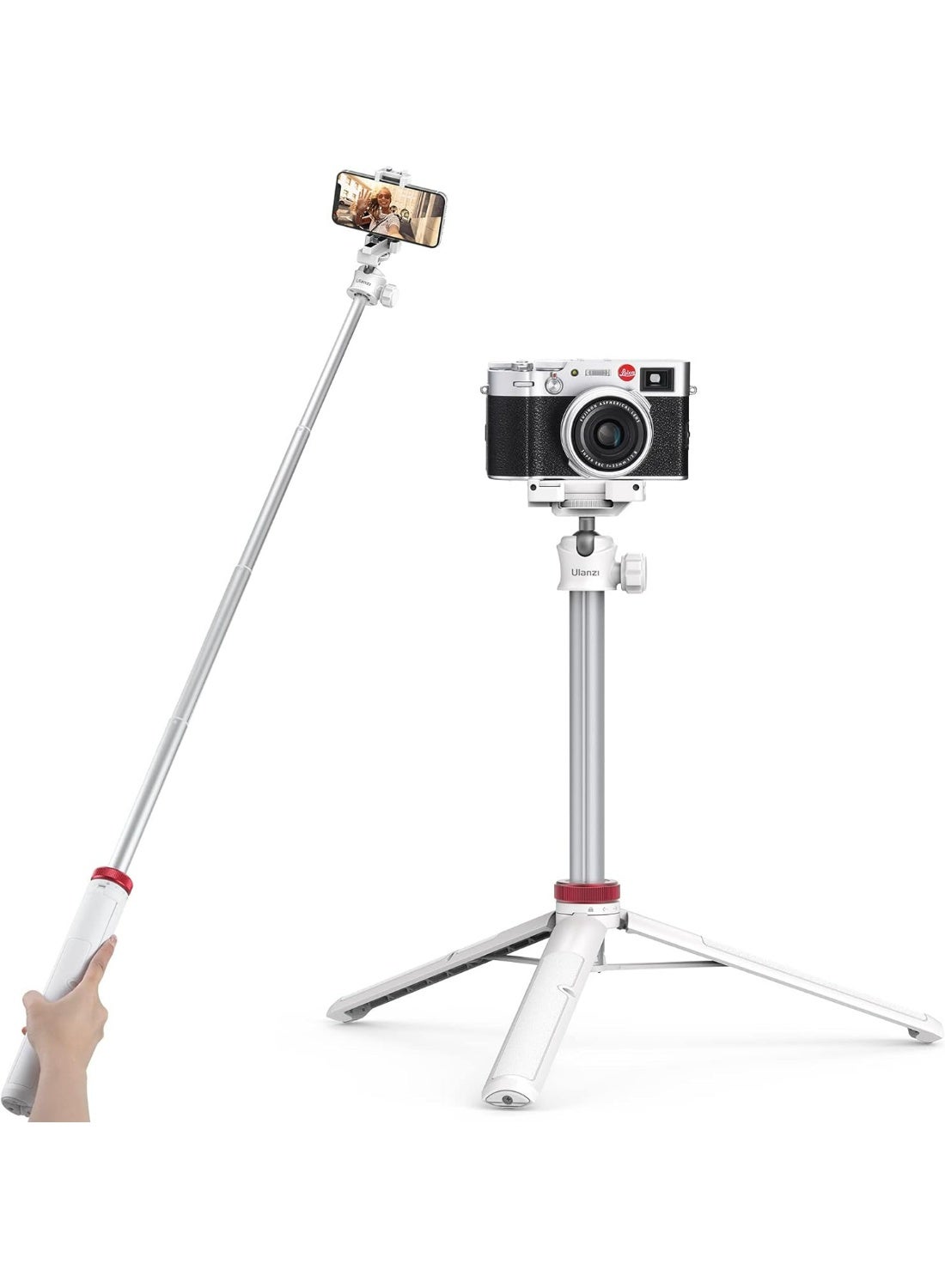 ULANZI MT-44 Extendable Phone Tripod, 59" Selfie Stick Portable Vlog Tripod Stand with 2 in 1 Phone Clip 1/4" Screw, 360° Ball Head Camera Tripod for DJI Pocket Sony Canon Action Fujifilm, White
