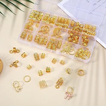 oruola 110 قطعة من حلقات الشعر الذهبية، زينة الشعر، خرز الشعر للتضفير للبالغين، حلقات شعر ذهبية، زينة شعر، 11 شكل مختلف من حلقات الشعر الذهبية للتضفير، إكسسوارات شعر ذهبية للتضفير للنساء والفتيات - Image 4