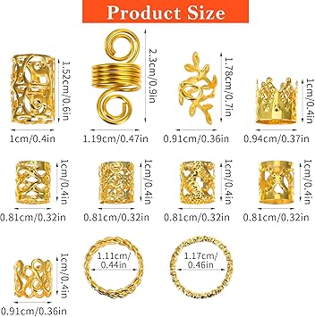 oruola 110 قطعة من حلقات الشعر الذهبية، زينة الشعر، خرز الشعر للتضفير للبالغين، حلقات شعر ذهبية، زينة شعر، 11 شكل مختلف من حلقات الشعر الذهبية للتضفير، إكسسوارات شعر ذهبية للتضفير للنساء والفتيات - Image 2