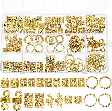 oruola 110 قطعة من حلقات الشعر الذهبية، زينة الشعر، خرز الشعر للتضفير للبالغين، حلقات شعر ذهبية، زينة شعر، 11 شكل مختلف من حلقات الشعر الذهبية للتضفير، إكسسوارات شعر ذهبية للتضفير للنساء والفتيات - Image 1