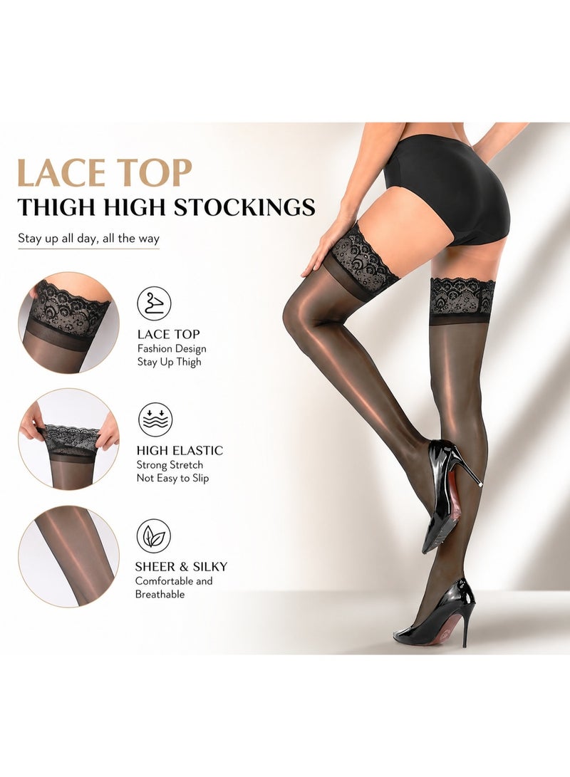 Vphom Women's Ultra Shiny Thigh-High Stockings – Glossy Lace-Top Stay-Up Silicone Sheer Tights - Image 2