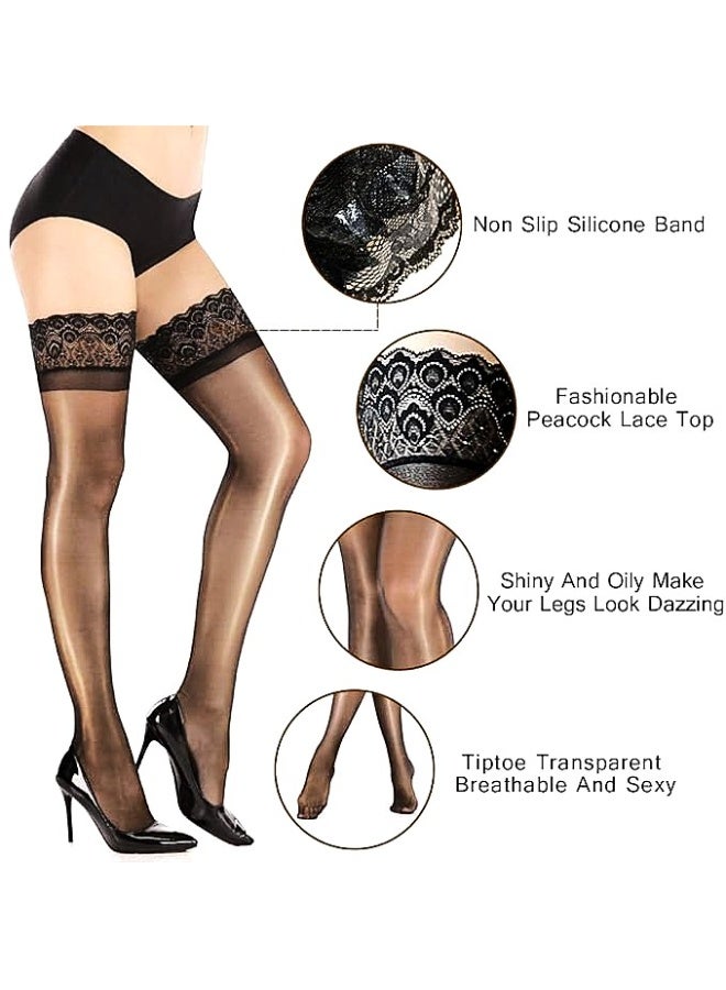 Vphom Women's Ultra Shiny Thigh-High Stockings – Glossy Lace-Top Stay-Up Silicone Sheer Tights - Image 3
