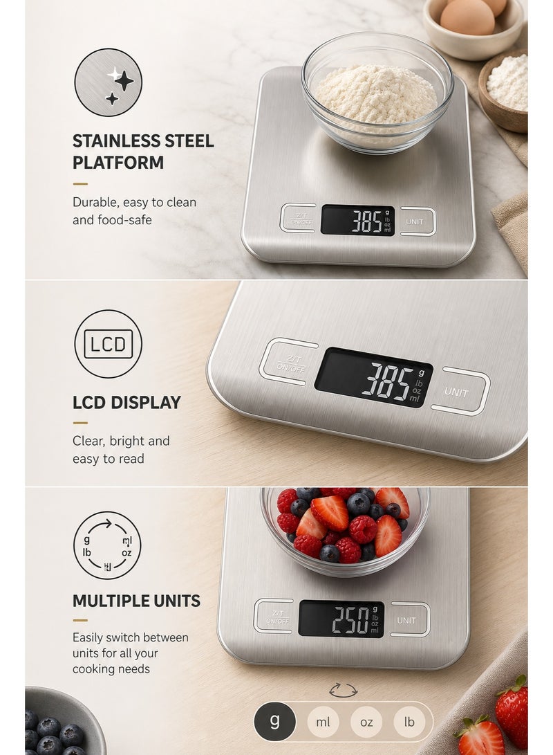 Kitchen Scale, Digital Kitchen Scale 10kg/1g High Precision, Food Scale with LCD Display & Waterproof Stainless Steel Platform, Multi-Unit Conversion for Baking, Cooking, Coffee, Home & Restaurant Use - Image 4