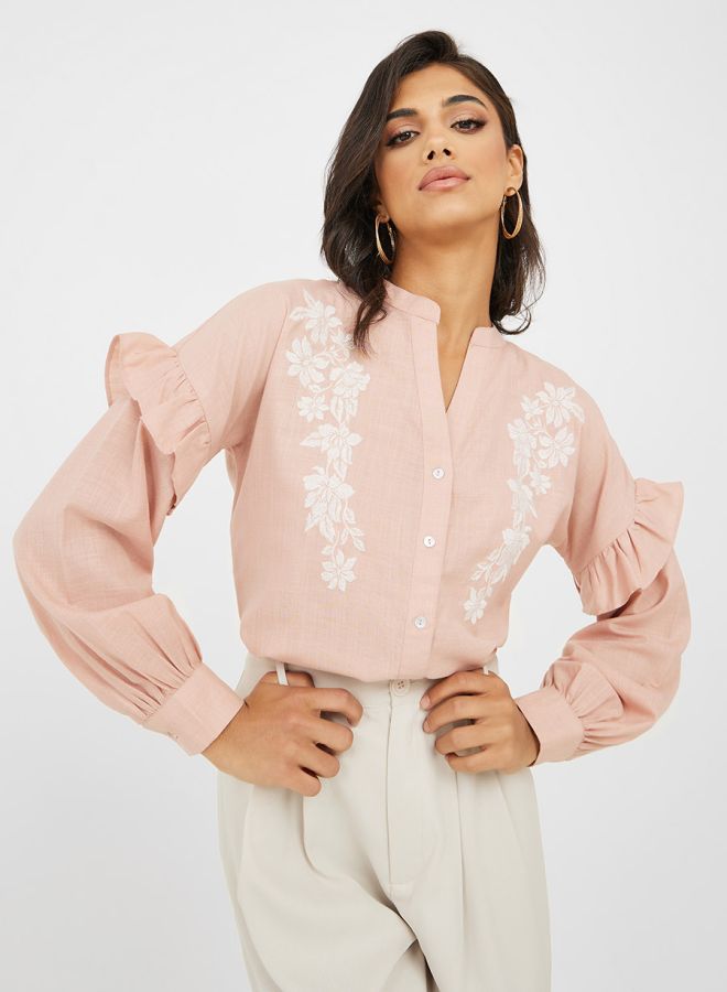 Styli Embroidered Ruffle Detail Mandarin Collar Shirt  - Image 1