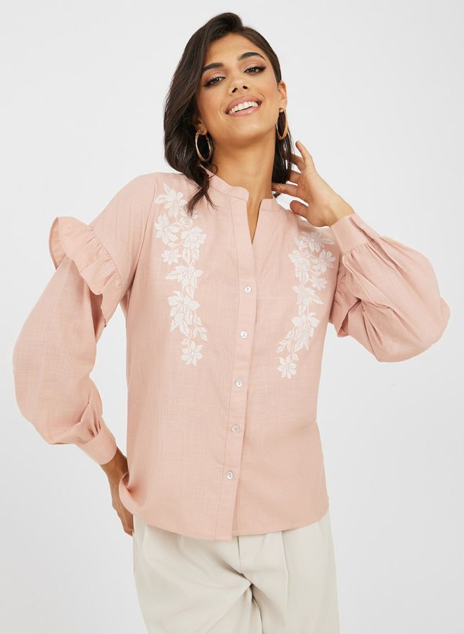 Styli Embroidered Ruffle Detail Mandarin Collar Shirt  - Image 3