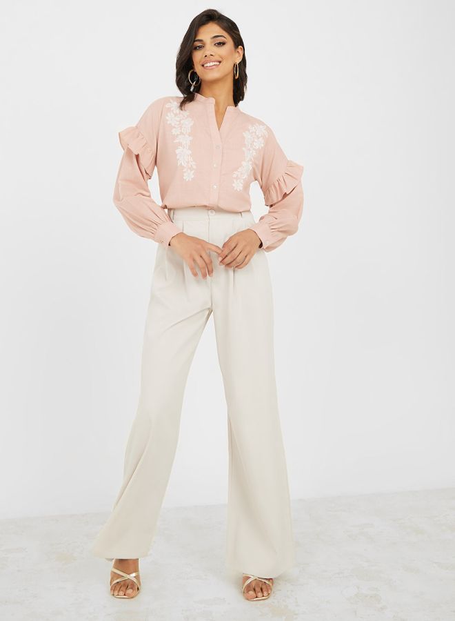 Styli Embroidered Ruffle Detail Mandarin Collar Shirt  - Image 2