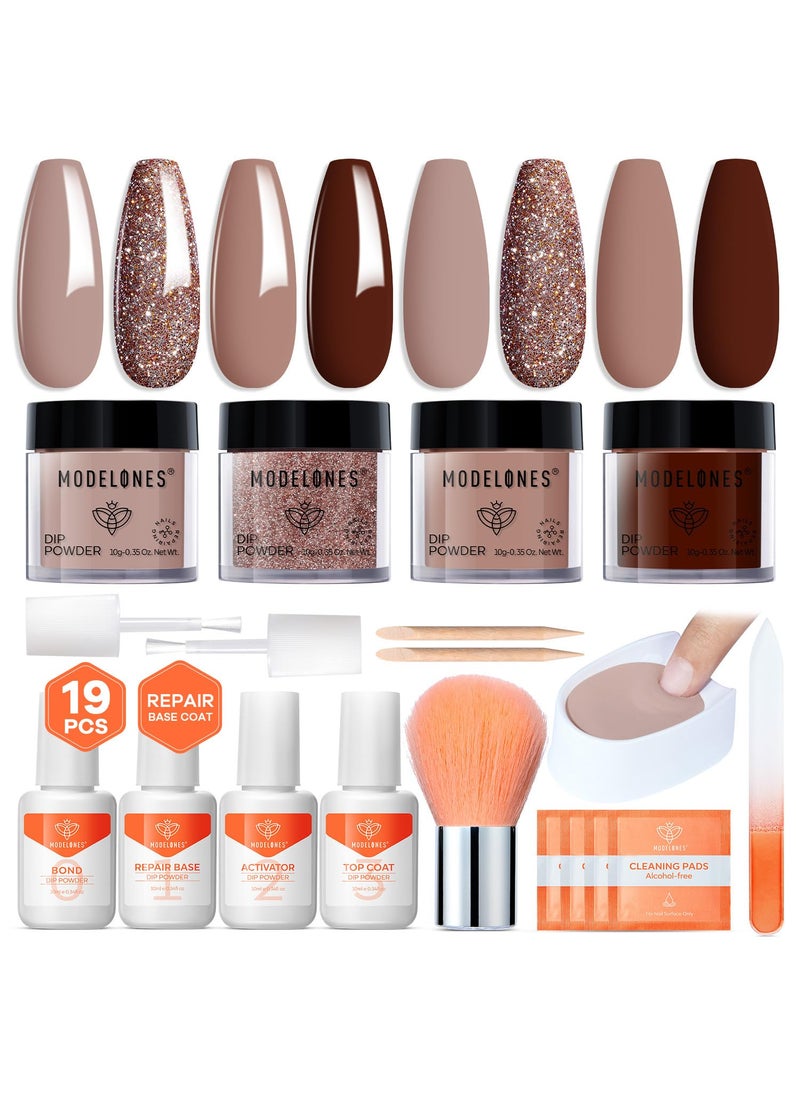modelones - Modelones Dip Powder Nail Kit, 4 Colors Brown Glitter Dipping Starter Set with Liquid and Complete Accessories for French Nails Art Salon DIY at Home Manicure - Image 1