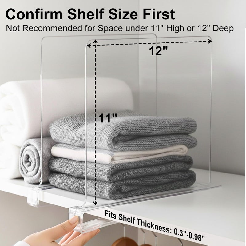 SortNStore Shelf Dividers Purse Organizer for Closet: 11-inch Tall(Higher Version) Acrylic Sweater Organizer - Upgraded Extra Height for Large Handbags, Totes, Clothes, Towels on Wood Shelves 6-Pack - Image 3