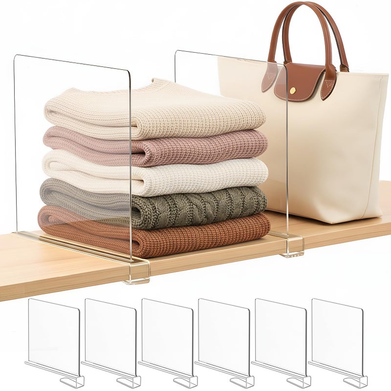 SortNStore Shelf Dividers Purse Organizer for Closet: 11-inch Tall(Higher Version) Acrylic Sweater Organizer - Upgraded Extra Height for Large Handbags, Totes, Clothes, Towels on Wood Shelves 6-Pack - Image 1