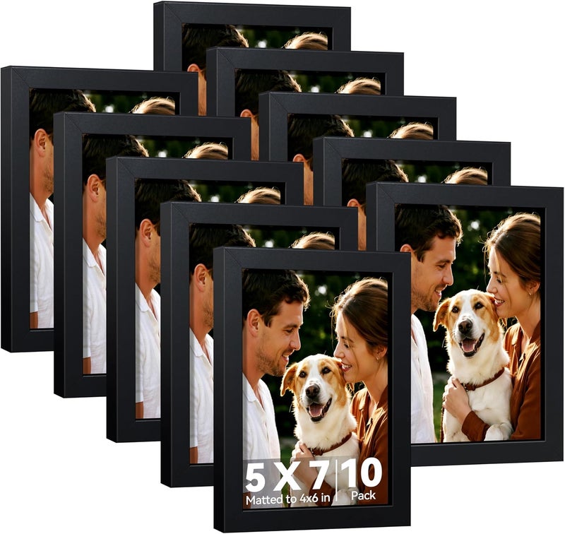 HappyHapi 5x7 Picture Frames Black Set of 10, Tabletop or Wall Display Pictures 4x6 with Mat or 5x7 Without, Multi Photo Frames Collage - Image 1