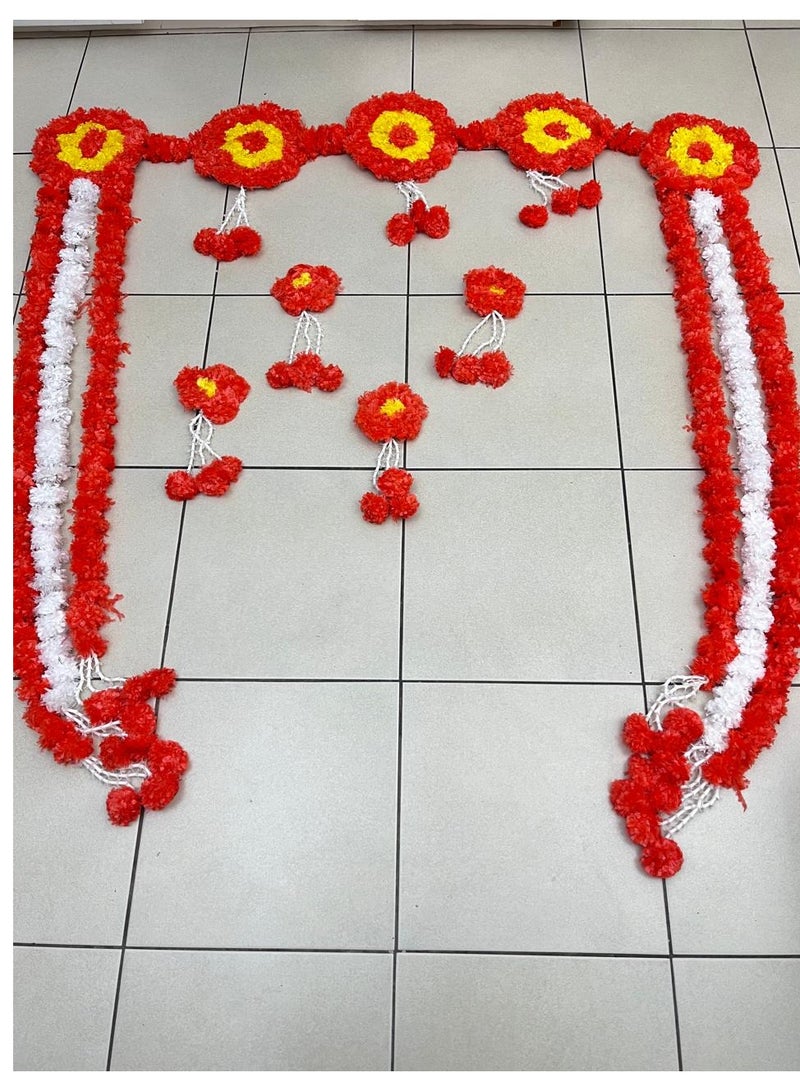 Decorative Flower Garland Backdrop for Ganesh Chaturthi, Orange, Yellow and White Marigold Design, Traditional Temple Decor with Hanging Toran/ Ganpati decor/Backdrop curtain with loops./ Ganpati backdrop