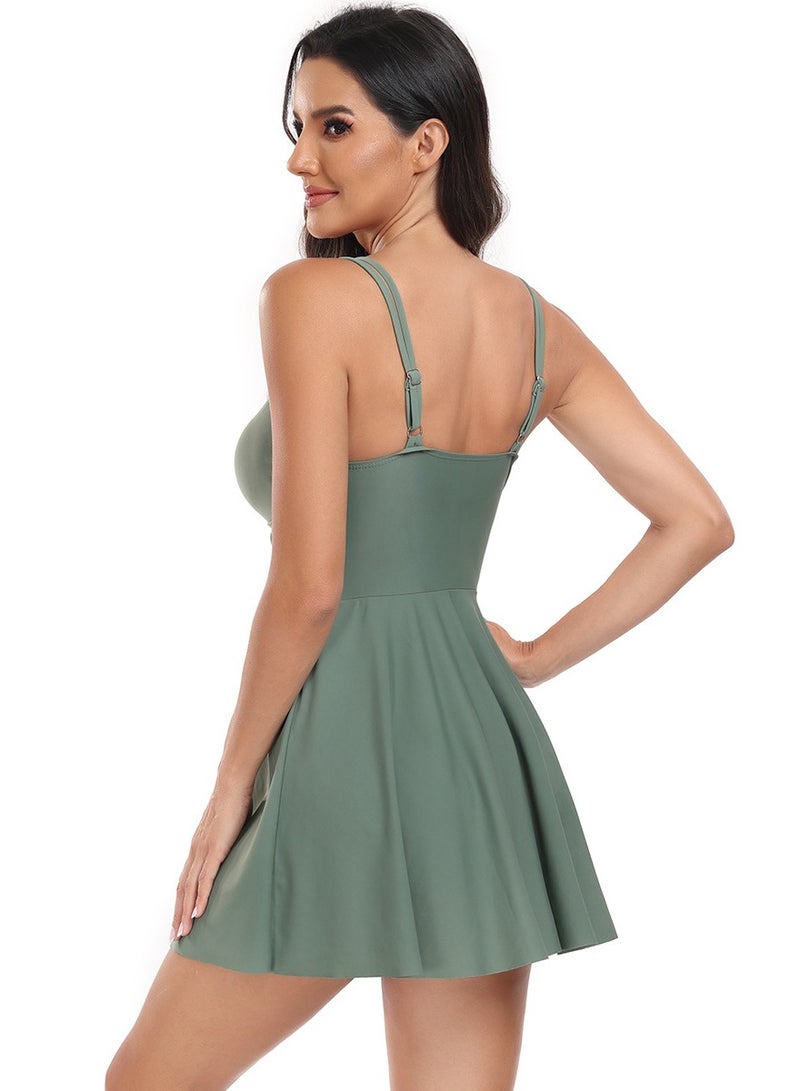 Womens Solid Color 2 Peice Set Swimsuits Slip Swim Dress And Thong Bottom Swimwear Bathing Suits Dusty Green  - Image 4