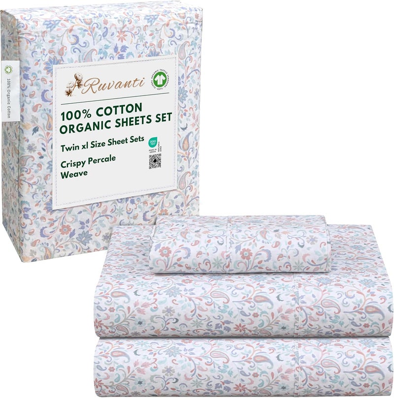 Ruvanti 100% Organic Cotton Sheets Twin XL Sheets Set, 3 PC Cotton Twin XL Bed Sheets, Soft & Breathable Crispy Percale Weave, Deep Pocket Twin XL Sheet, Hotel Quality Bed Sheets - Multi Paisley - Image 1