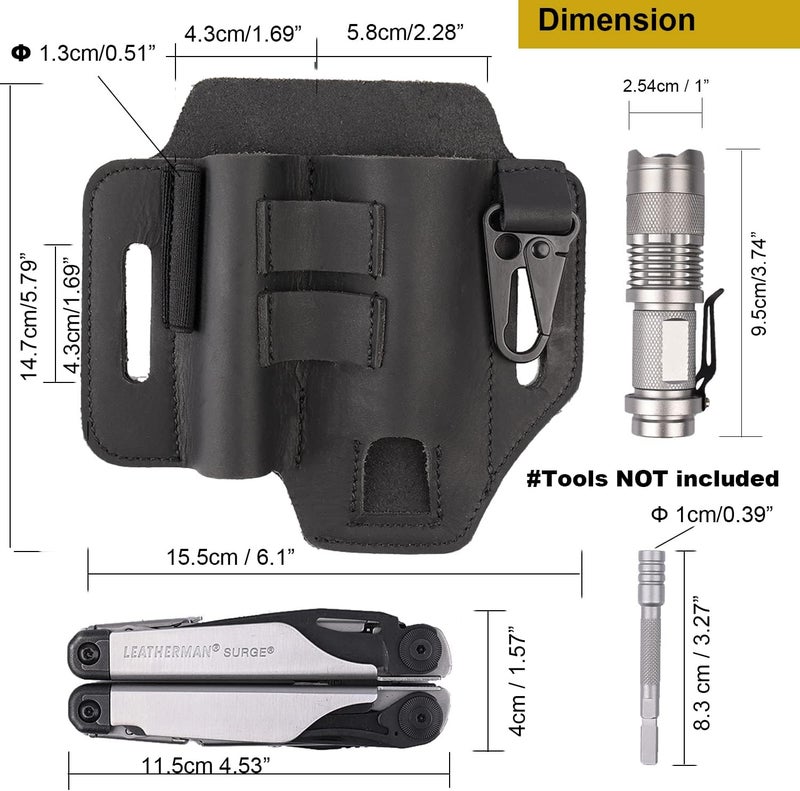 Gentlestache Multitool Leather Sheath for Belt, EDC Organizer, Multitool Pouch,Leather EDC Sheath with Elastic Band Pen Holder, Flashlight Holder and Keychain Clip, Practical Belt Pouch for EDC Gears - Image 5