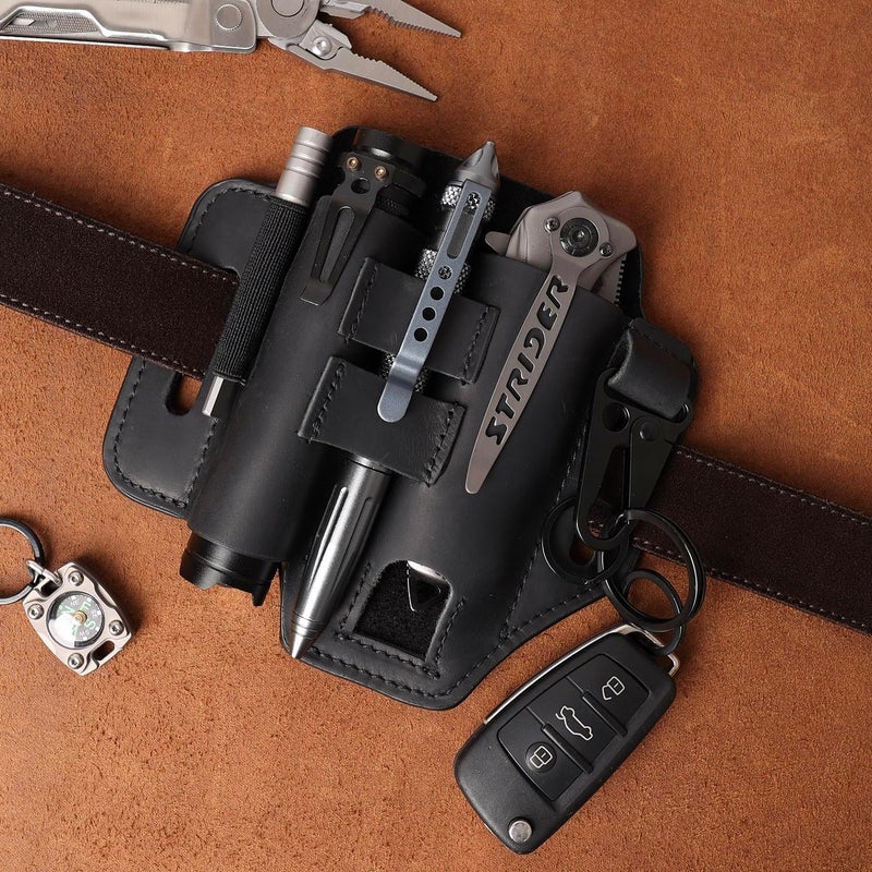 Gentlestache Multitool Leather Sheath for Belt, EDC Organizer, Multitool Pouch,Leather EDC Sheath with Elastic Band Pen Holder, Flashlight Holder and Keychain Clip, Practical Belt Pouch for EDC Gears - Image 2