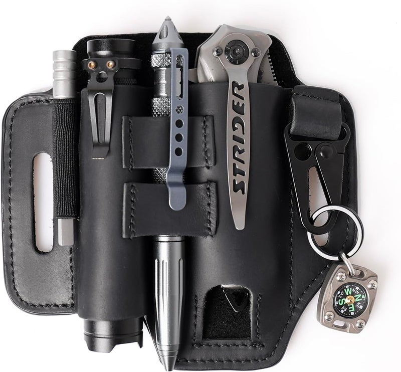 Gentlestache Multitool Leather Sheath for Belt, EDC Organizer, Multitool Pouch,Leather EDC Sheath with Elastic Band Pen Holder, Flashlight Holder and Keychain Clip, Practical Belt Pouch for EDC Gears - Image 1
