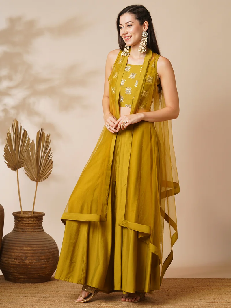 globus Globus Women Lime Green Embroidered Top & Palazzo With Shrug Festive Set