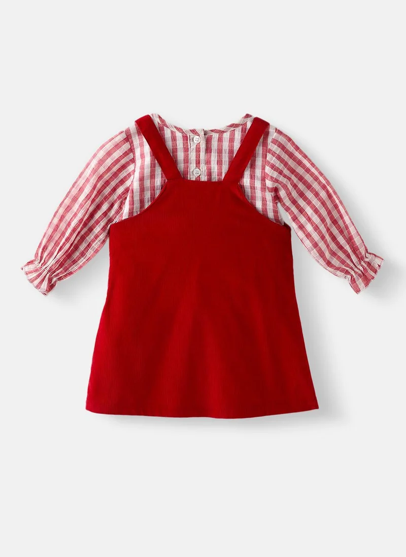 Nautinati Nautinati Girls' Corduroy Embroidered Dungaree with Cotton Checked T-shirt