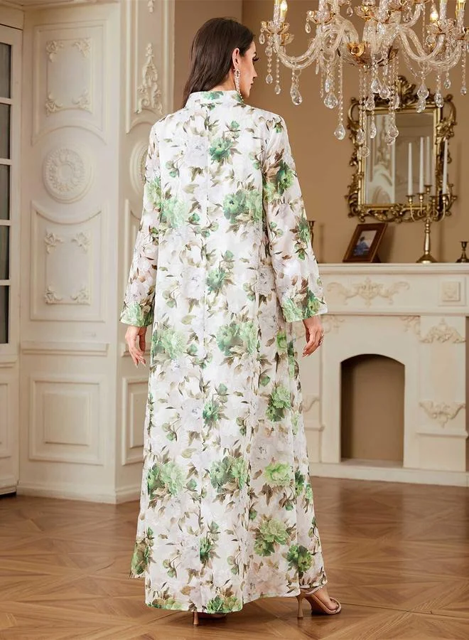 Take Two  Green Floral Print Tassel Detail Maxi Jalabiya for Women | Best Price UAE