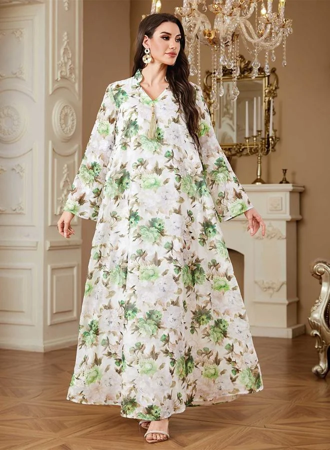 Green Floral Print Tassel Detail Maxi Jalabiya