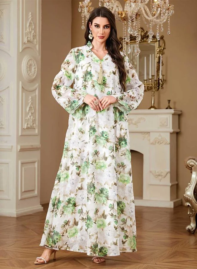 Take Two  Green Floral Print Tassel Detail Maxi Jalabiya for Women | Best Price UAE