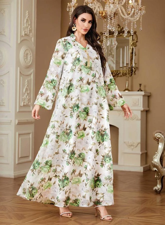 Take Two  Green Floral Print Tassel Detail Maxi Jalabiya for Women | Best Price UAE