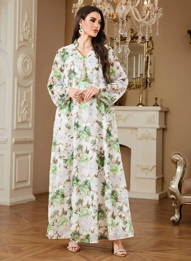 Take Two  Green Floral Print Tassel Detail Maxi Jalabiya for Women | Best Price UAE