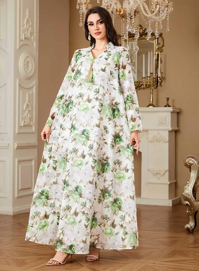 Take Two  Green Floral Print Tassel Detail Maxi Jalabiya for Women | Best Price UAE