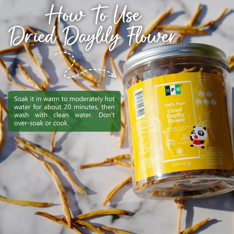 NPG Premium Dried Lily Flowers Buds Unsulfured 4 Oz, Dried Lilium Fowers Bulk Chinese Food Cooking, Golden Needles Dried Day Lilies for Hot & Sour Soup, Moo Shu Pork, and Buddha's Delight - Image 3