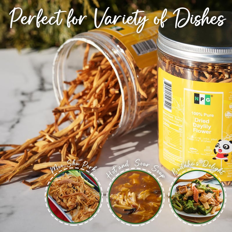 NPG Premium Dried Lily Flowers Buds Unsulfured 4 Oz, Dried Lilium Fowers Bulk Chinese Food Cooking, Golden Needles Dried Day Lilies for Hot & Sour Soup, Moo Shu Pork, and Buddha's Delight - Image 2