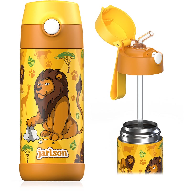 JARLSON kids water bottle with straw  CHARLI  insulated stainless steel water bottle  thermos  girlsboys Lion Star 12 oz