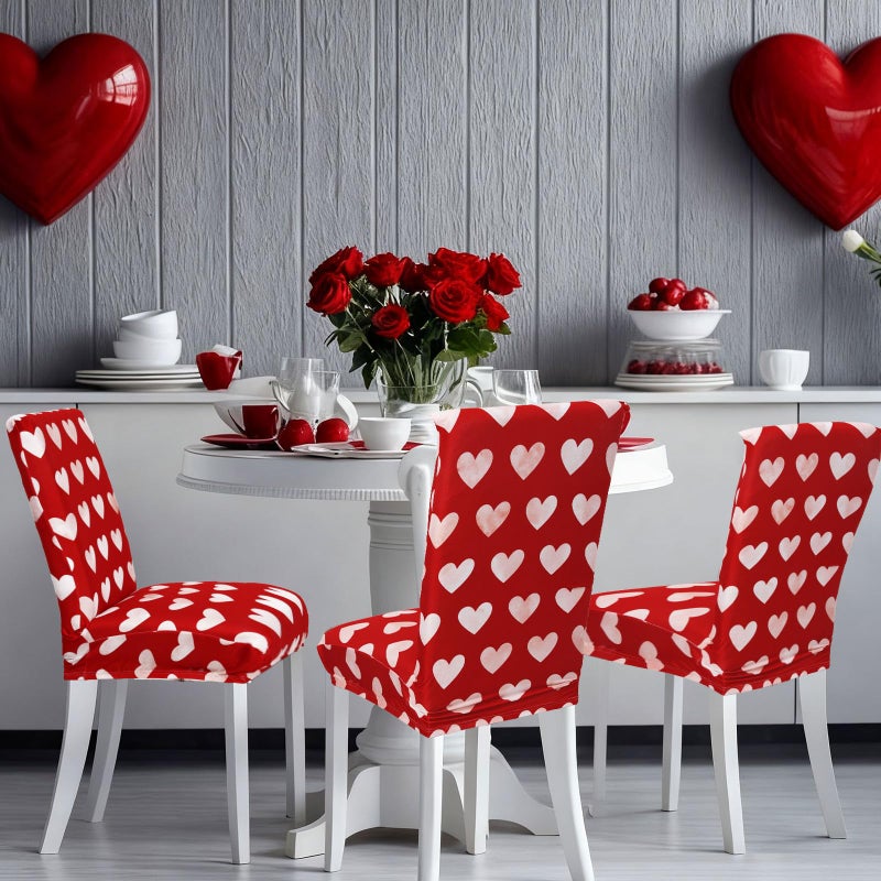 Whaline 4Pcs Valentine' s Day Chair Covers Dining Chair Slipcover Red White Heart Removable Seat Covers for Wedding Anniversary Home Kitchen Hotel Restaurant Decor - Image 5