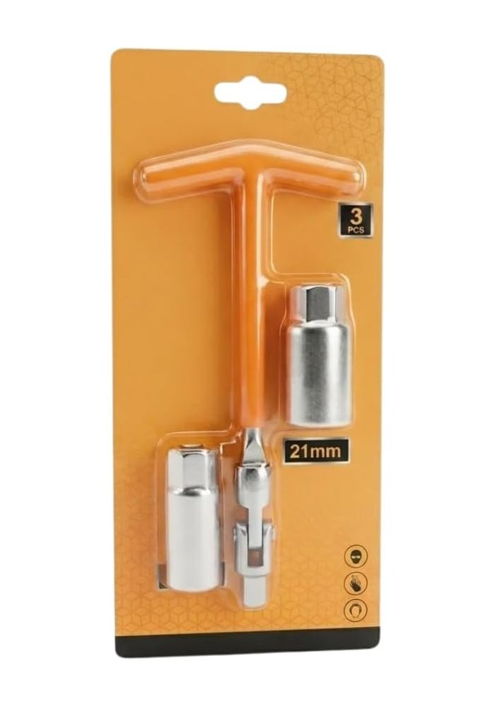 Hasanat Essentials 3-Piece Spark Plug Wrench Tool Set with Flexible T-Handle and 21mm Sockets - Image 1