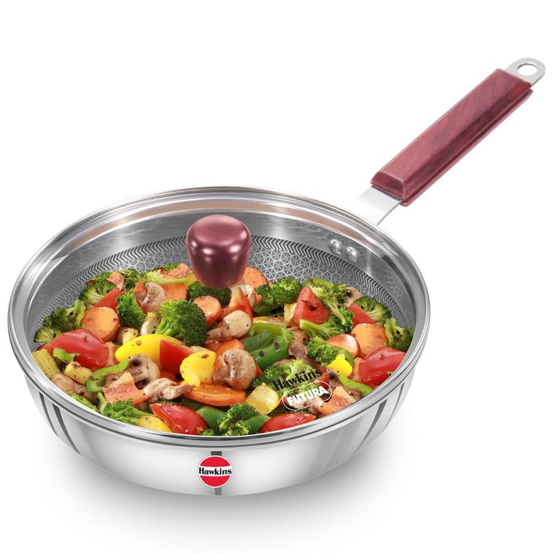 Hawkins Hawkins 22 cm Frying Pan with Glass Lid, Triply Stainless Steel Shielded Nonstick Fry Pan with Rosewood Handle, Honeycomb, Induction, Silver (NSF22G) - Image 1