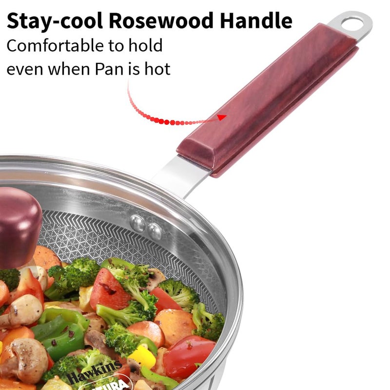 Hawkins Hawkins 22 cm Frying Pan with Glass Lid, Triply Stainless Steel Shielded Nonstick Fry Pan with Rosewood Handle, Honeycomb, Induction, Silver (NSF22G) - Image 5