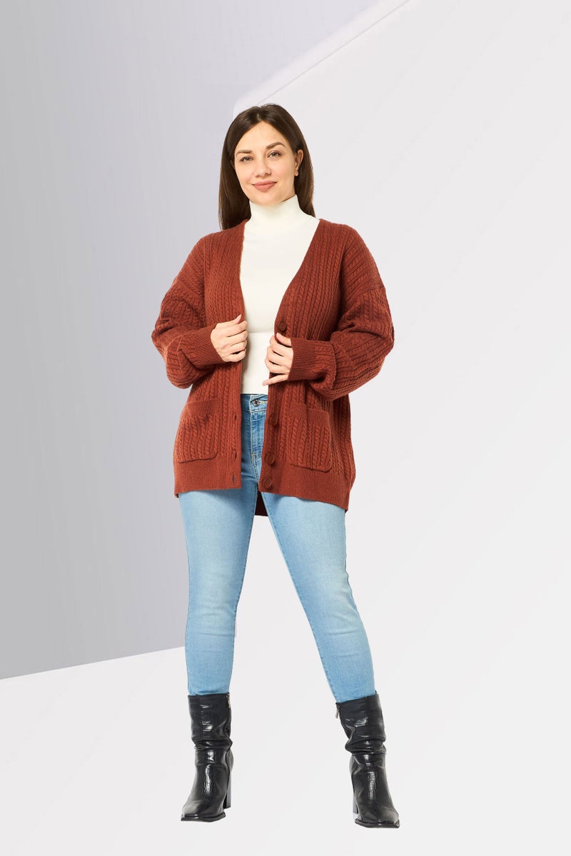 LACOSTE Women V-Neck Knitted Sweater, Brown - Image 2