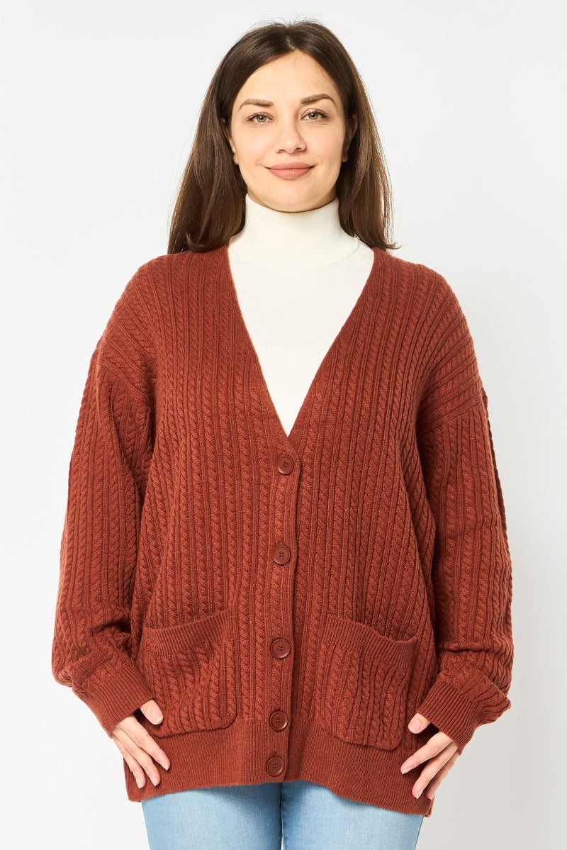 LACOSTE Women V-Neck Knitted Sweater, Brown - Image 1