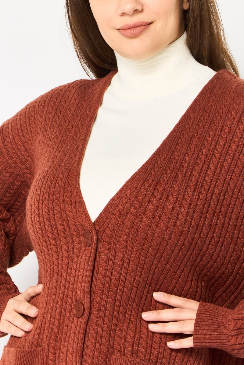 LACOSTE Women V-Neck Knitted Sweater, Brown - Image 3