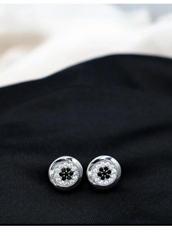mjuhurat - Elegant Round Stud Earrings with Black & White Stones – Silver-Tone Stylish Jewelry - Image 1