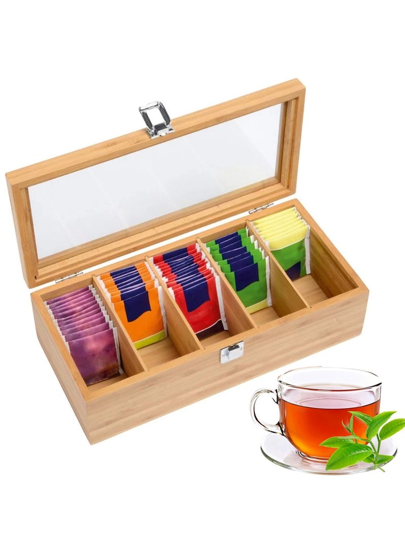 Relex Tea Box Tea Bag Organizer, 5 Compartments Wood Tea Storage Box Holder with Clear Lid, Tea Chest Container Rustic Tea Organizer for Tea Bags, Coffee Pods, Sugar  - Image 1