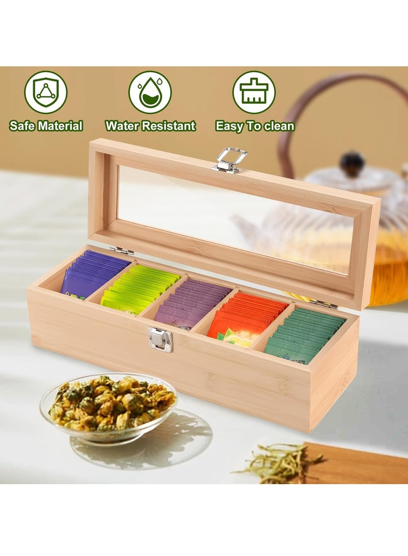 Relex Tea Box Tea Bag Organizer, 5 Compartments Wood Tea Storage Box Holder with Clear Lid, Tea Chest Container Rustic Tea Organizer for Tea Bags, Coffee Pods, Sugar  - Image 2